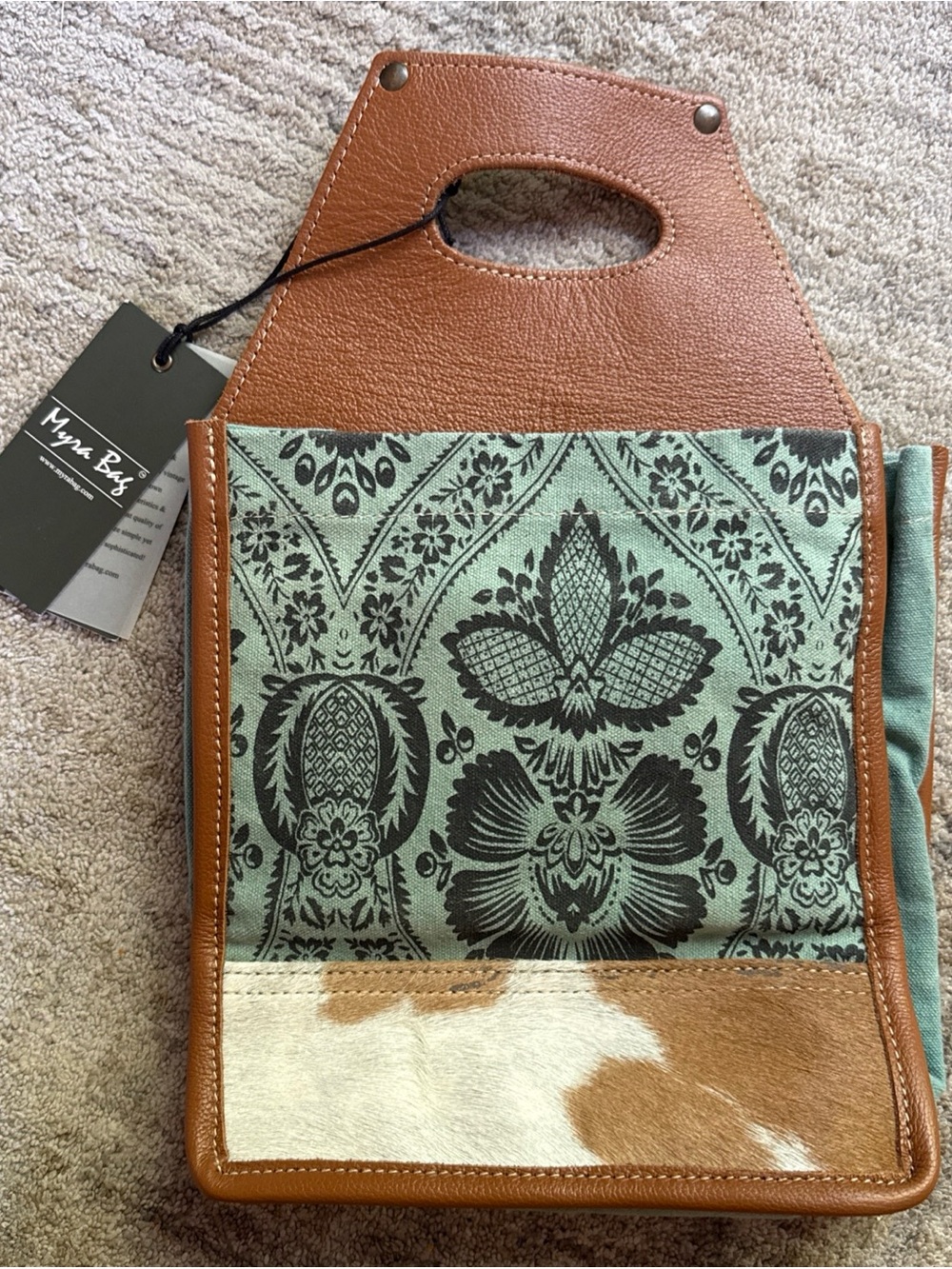 Myra Bag Sage Green Patterned Canvas & Tan Leather 6 pack Caddy